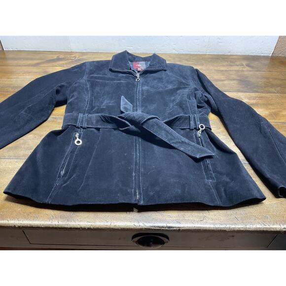 G-III Vtg Suede Jacket Women Medium Black 100% Leather Coat Quilted Belt Y2K 90s - Picture 2 of 11